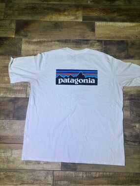 Patagonia White Short-Sleeve Tee with Blue & Purple Logo
